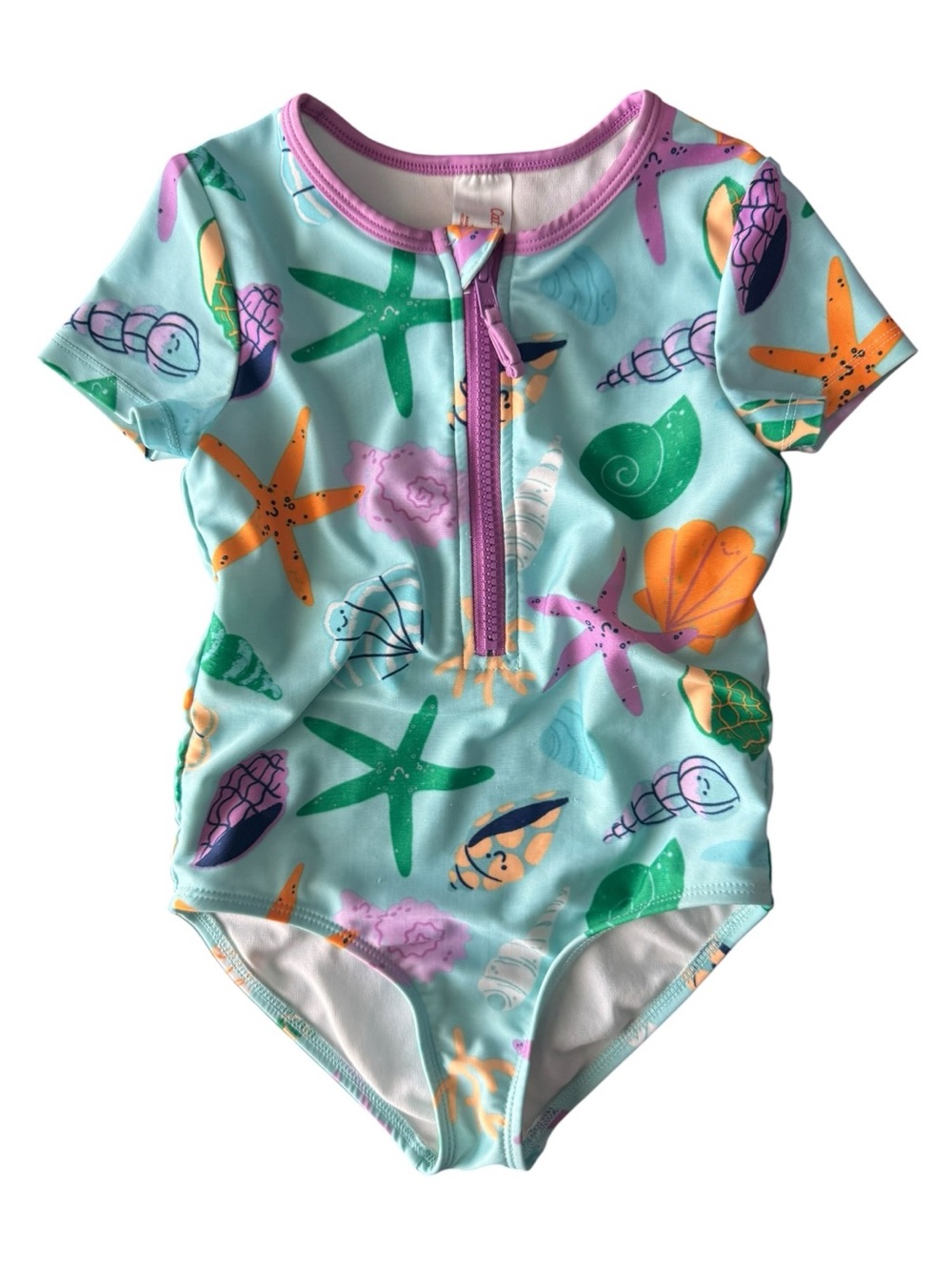 Cat & Jack Toddler Girls Sea Life Rash Guard One-Piece Swimsuit 5T Purple Aqua